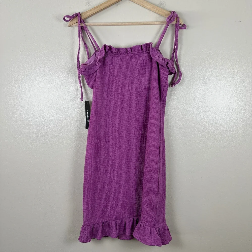 Bebe Women's L Mini Dress Lilac Textured‎ Ruffle Tie Shoulder NEW